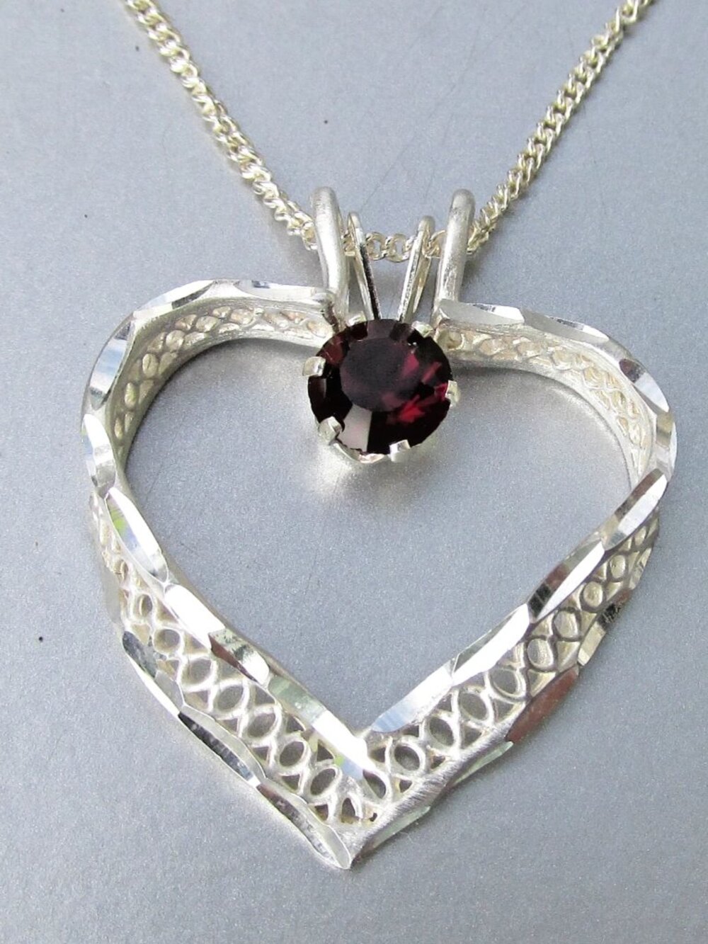 Vintage Signed CA Sterling Silver Filigree HEART Garnet Pendant Necklace